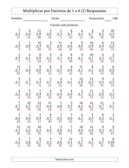 La hoja de ejercicios de Multiplicar (Factores de 1 a 12) por Factores de 1 a 8 (100 Preguntas) (I) Página 2