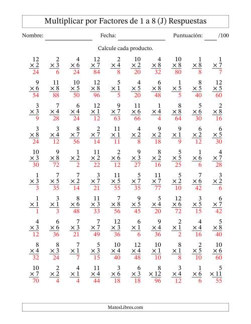 La hoja de ejercicios de Multiplicar (Factores de 1 a 12) por Factores de 1 a 8 (100 Preguntas) (J) Página 2