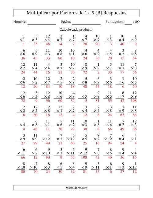 La hoja de ejercicios de Multiplicar (Factores de 1 a 12) por Factores de 1 a 9 (100 Preguntas) (B) Página 2
