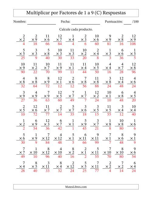 La hoja de ejercicios de Multiplicar (Factores de 1 a 12) por Factores de 1 a 9 (100 Preguntas) (C) Página 2