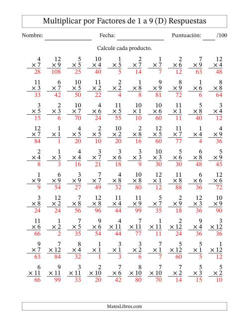 La hoja de ejercicios de Multiplicar (Factores de 1 a 12) por Factores de 1 a 9 (100 Preguntas) (D) Página 2