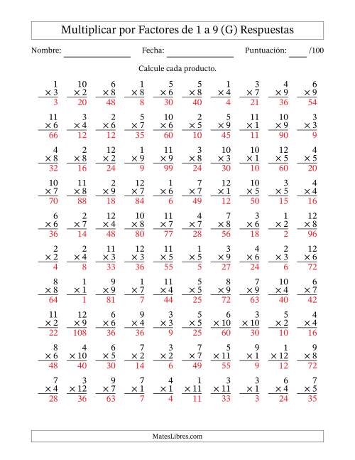 La hoja de ejercicios de Multiplicar (Factores de 1 a 12) por Factores de 1 a 9 (100 Preguntas) (G) Página 2