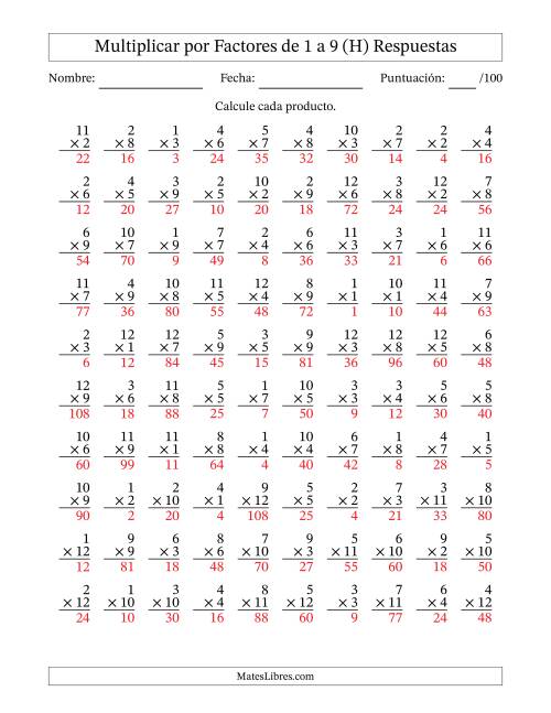 La hoja de ejercicios de Multiplicar (Factores de 1 a 12) por Factores de 1 a 9 (100 Preguntas) (H) Página 2