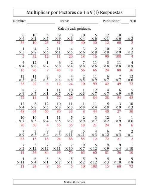 La hoja de ejercicios de Multiplicar (Factores de 1 a 12) por Factores de 1 a 9 (100 Preguntas) (I) Página 2