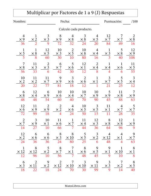 La hoja de ejercicios de Multiplicar (Factores de 1 a 12) por Factores de 1 a 9 (100 Preguntas) (J) Página 2