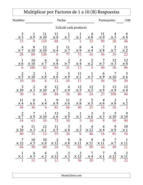 La hoja de ejercicios de Multiplicar (Factores de 1 a 12) por Factores de 1 a 10 (100 Preguntas) (B) Página 2
