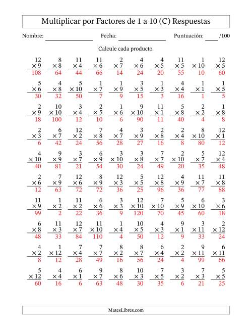 La hoja de ejercicios de Multiplicar (Factores de 1 a 12) por Factores de 1 a 10 (100 Preguntas) (C) Página 2