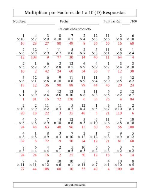 La hoja de ejercicios de Multiplicar (Factores de 1 a 12) por Factores de 1 a 10 (100 Preguntas) (D) Página 2