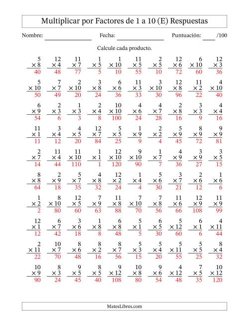 La hoja de ejercicios de Multiplicar (Factores de 1 a 12) por Factores de 1 a 10 (100 Preguntas) (E) Página 2