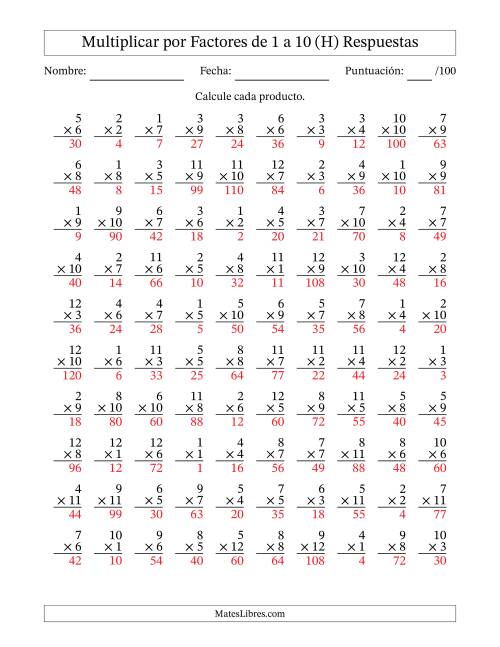 La hoja de ejercicios de Multiplicar (Factores de 1 a 12) por Factores de 1 a 10 (100 Preguntas) (H) Página 2