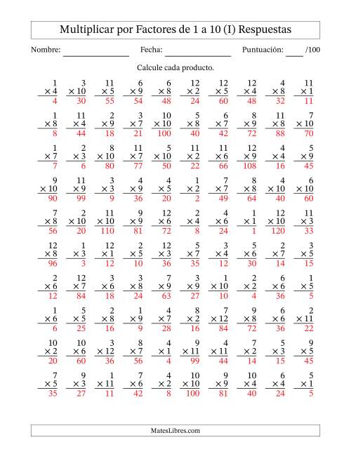 La hoja de ejercicios de Multiplicar (Factores de 1 a 12) por Factores de 1 a 10 (100 Preguntas) (I) Página 2