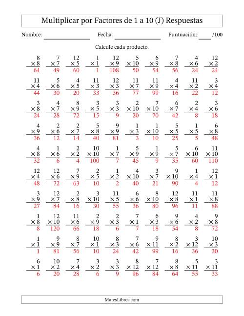 La hoja de ejercicios de Multiplicar (Factores de 1 a 12) por Factores de 1 a 10 (100 Preguntas) (J) Página 2