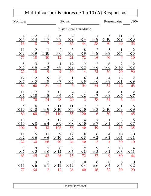 La hoja de ejercicios de Multiplicar (Factores de 1 a 12) por Factores de 1 a 10 (100 Preguntas) (Todas) Página 2