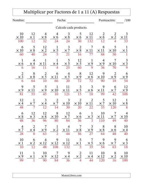 La hoja de ejercicios de Multiplicar (Factores de 1 a 12) por Factores de 1 a 11 (100 Preguntas) (A) Página 2