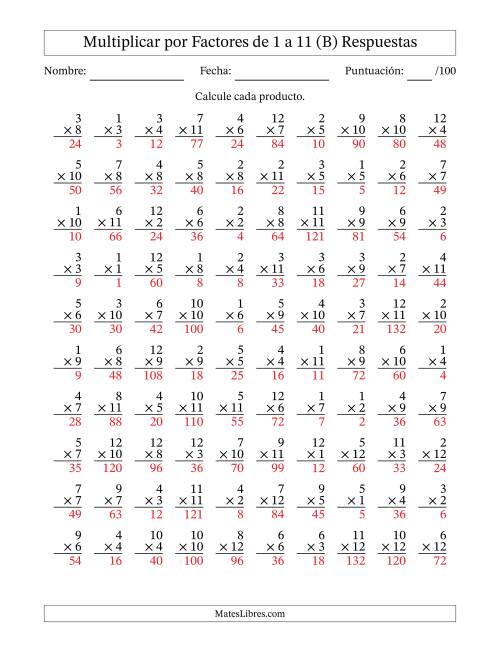 La hoja de ejercicios de Multiplicar (Factores de 1 a 12) por Factores de 1 a 11 (100 Preguntas) (B) Página 2