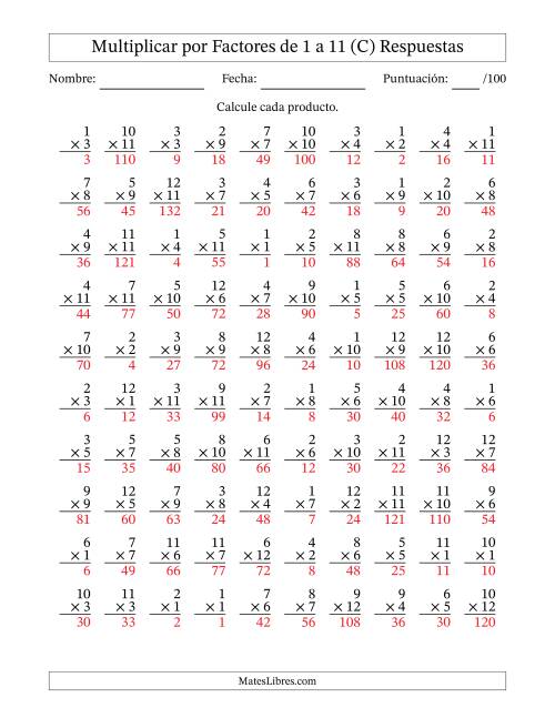 La hoja de ejercicios de Multiplicar (Factores de 1 a 12) por Factores de 1 a 11 (100 Preguntas) (C) Página 2
