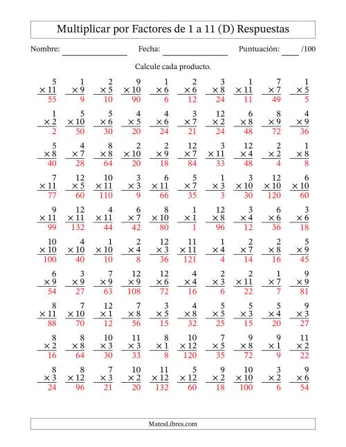 La hoja de ejercicios de Multiplicar (Factores de 1 a 12) por Factores de 1 a 11 (100 Preguntas) (D) Página 2