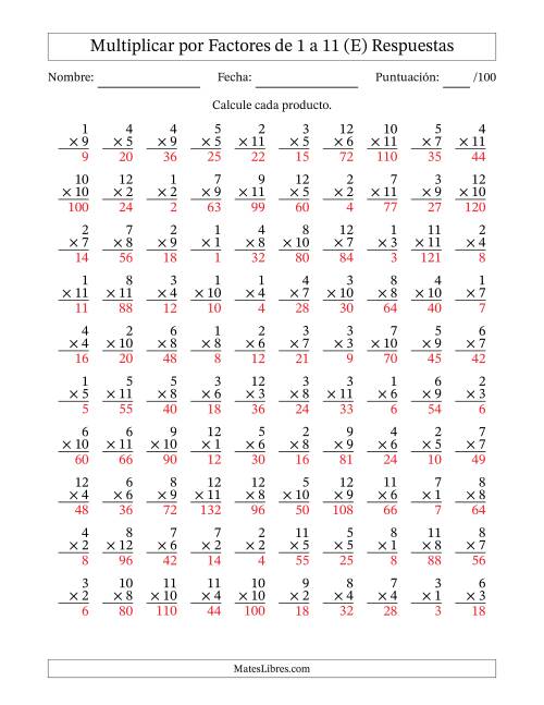 La hoja de ejercicios de Multiplicar (Factores de 1 a 12) por Factores de 1 a 11 (100 Preguntas) (E) Página 2