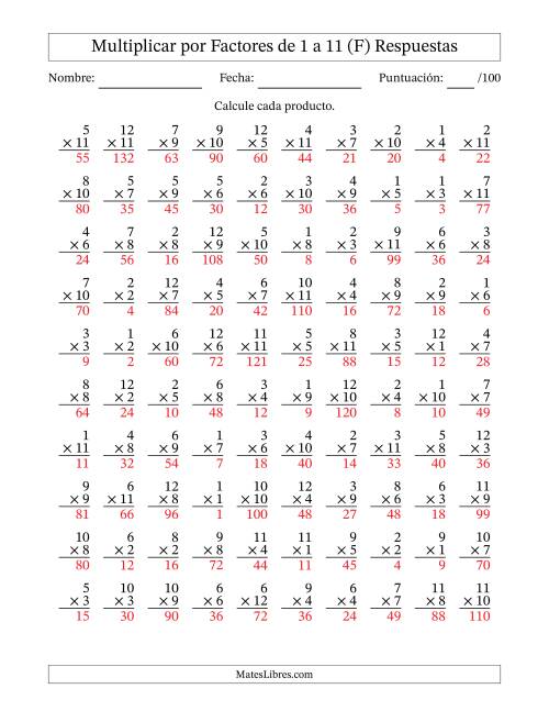 La hoja de ejercicios de Multiplicar (Factores de 1 a 12) por Factores de 1 a 11 (100 Preguntas) (F) Página 2
