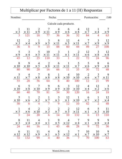La hoja de ejercicios de Multiplicar (Factores de 1 a 12) por Factores de 1 a 11 (100 Preguntas) (H) Página 2