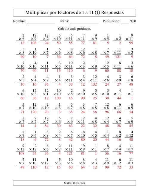 La hoja de ejercicios de Multiplicar (Factores de 1 a 12) por Factores de 1 a 11 (100 Preguntas) (I) Página 2