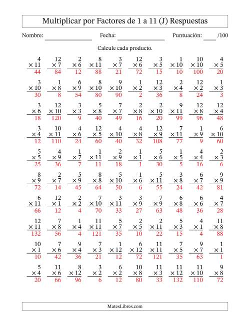 La hoja de ejercicios de Multiplicar (Factores de 1 a 12) por Factores de 1 a 11 (100 Preguntas) (J) Página 2