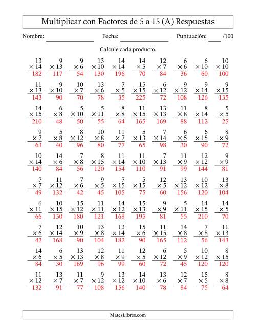 La hoja de ejercicios de Multiplicación con Factores de 5 a 15 (100 Preguntas) (A) Página 2
