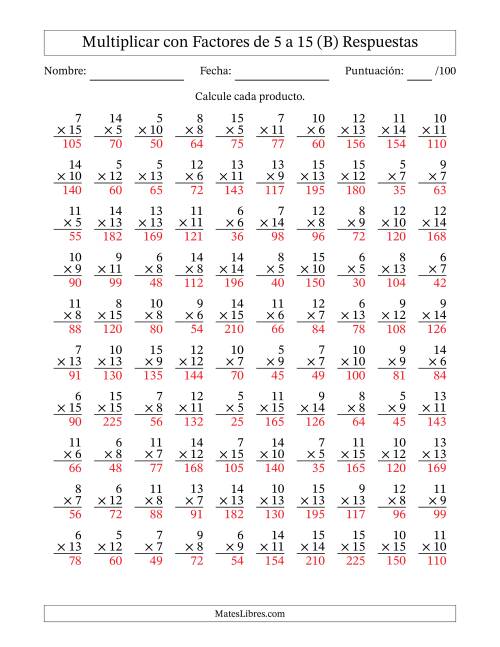 La hoja de ejercicios de Multiplicación con Factores de 5 a 15 (100 Preguntas) (B) Página 2