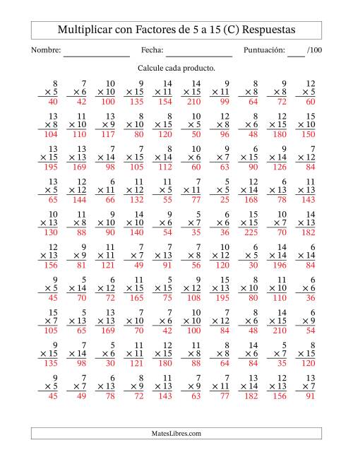 La hoja de ejercicios de Multiplicación con Factores de 5 a 15 (100 Preguntas) (C) Página 2