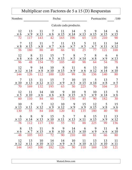 La hoja de ejercicios de Multiplicación con Factores de 5 a 15 (100 Preguntas) (D) Página 2
