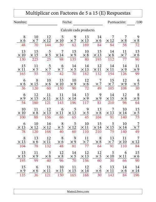 La hoja de ejercicios de Multiplicación con Factores de 5 a 15 (100 Preguntas) (E) Página 2
