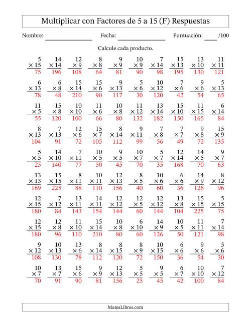 La hoja de ejercicios de Multiplicación con Factores de 5 a 15 (100 Preguntas) (F) Página 2