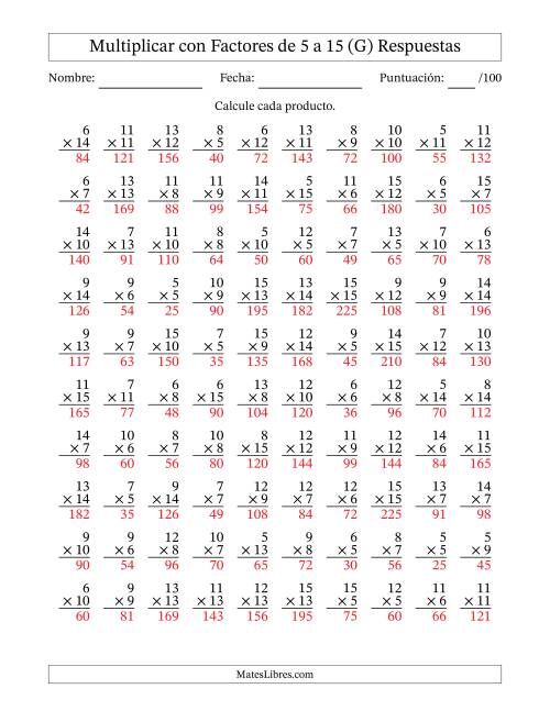 La hoja de ejercicios de Multiplicación con Factores de 5 a 15 (100 Preguntas) (G) Página 2