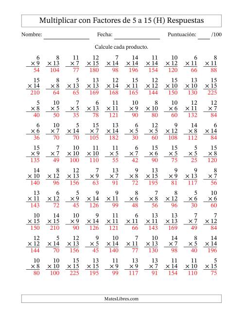 La hoja de ejercicios de Multiplicación con Factores de 5 a 15 (100 Preguntas) (H) Página 2