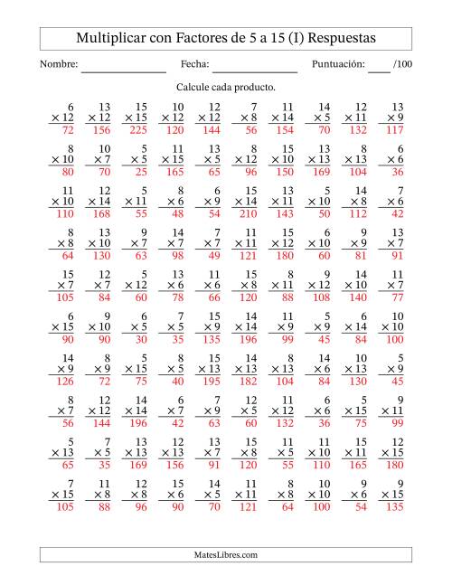 La hoja de ejercicios de Multiplicación con Factores de 5 a 15 (100 Preguntas) (I) Página 2