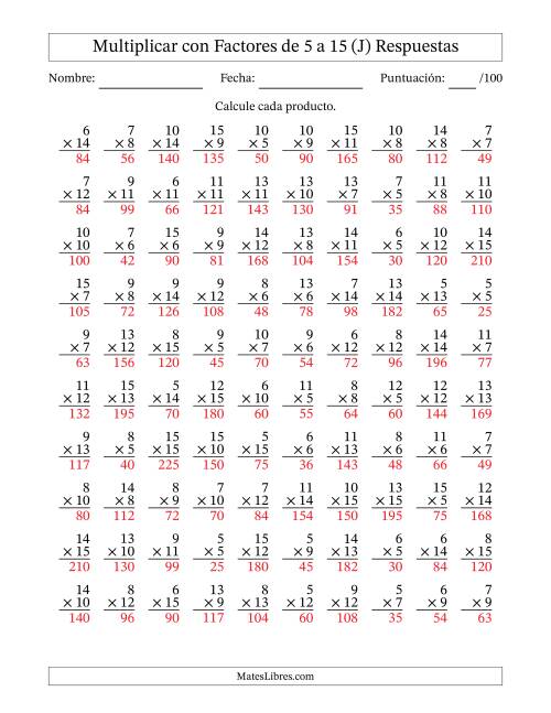 La hoja de ejercicios de Multiplicación con Factores de 5 a 15 (100 Preguntas) (J) Página 2