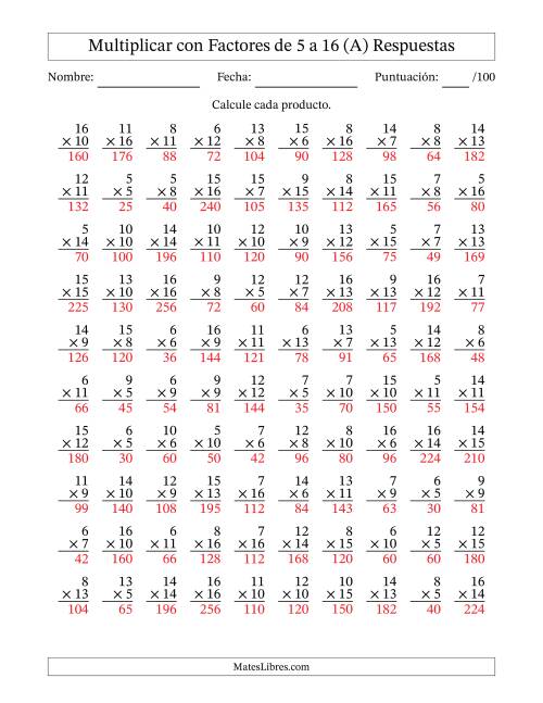 La hoja de ejercicios de Multiplicación con Factores de 5 a 16 (100 Preguntas) (A) Página 2