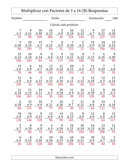 La hoja de ejercicios de Multiplicación con Factores de 5 a 16 (100 Preguntas) (B) Página 2