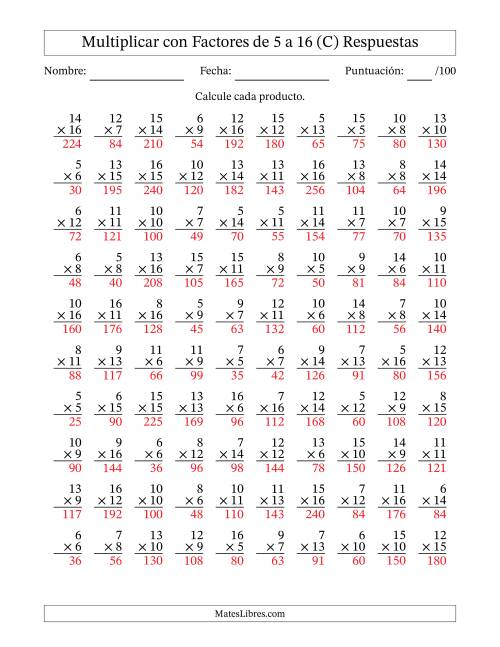 La hoja de ejercicios de Multiplicación con Factores de 5 a 16 (100 Preguntas) (C) Página 2