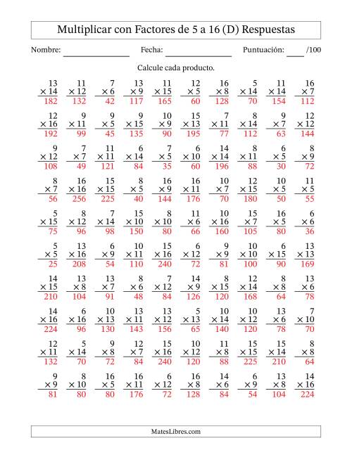 La hoja de ejercicios de Multiplicación con Factores de 5 a 16 (100 Preguntas) (D) Página 2