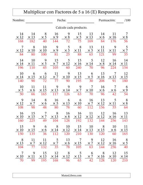 La hoja de ejercicios de Multiplicación con Factores de 5 a 16 (100 Preguntas) (E) Página 2