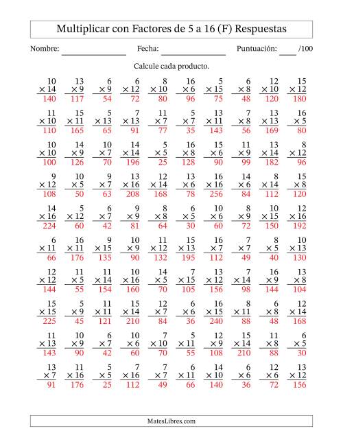 La hoja de ejercicios de Multiplicación con Factores de 5 a 16 (100 Preguntas) (F) Página 2