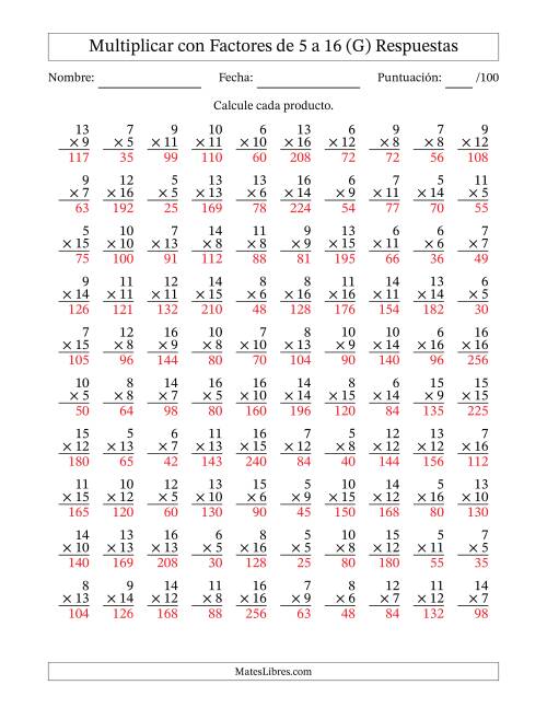La hoja de ejercicios de Multiplicación con Factores de 5 a 16 (100 Preguntas) (G) Página 2
