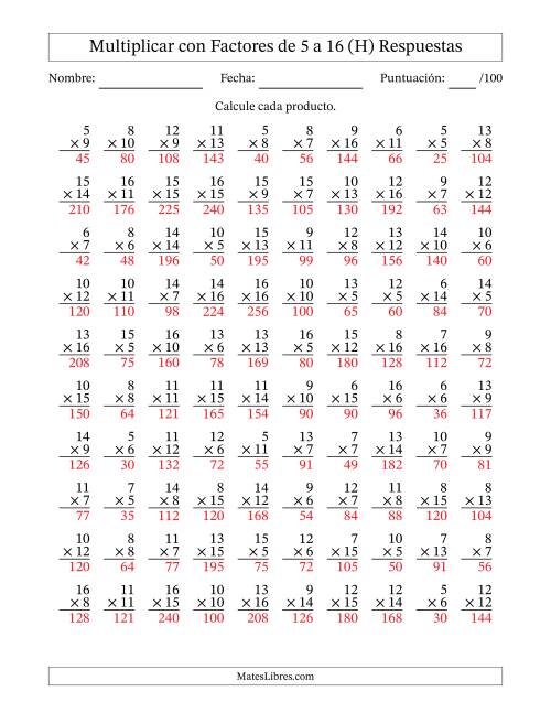 La hoja de ejercicios de Multiplicación con Factores de 5 a 16 (100 Preguntas) (H) Página 2