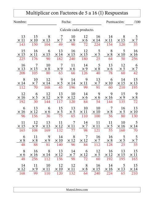 La hoja de ejercicios de Multiplicación con Factores de 5 a 16 (100 Preguntas) (I) Página 2