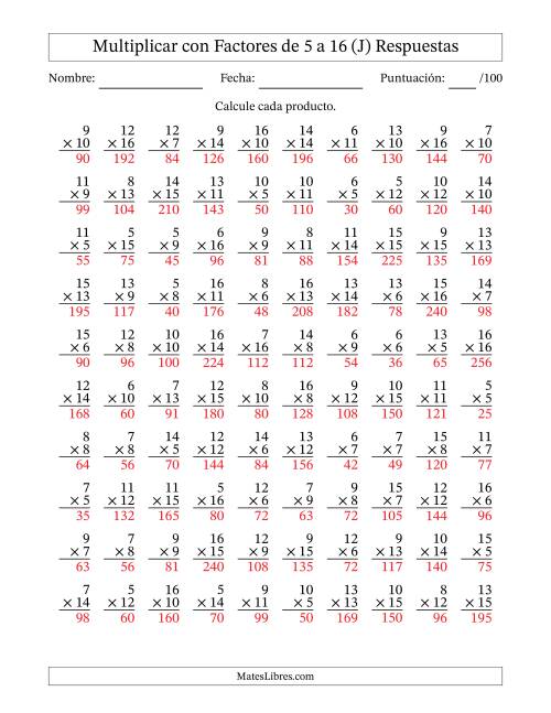 La hoja de ejercicios de Multiplicación con Factores de 5 a 16 (100 Preguntas) (J) Página 2