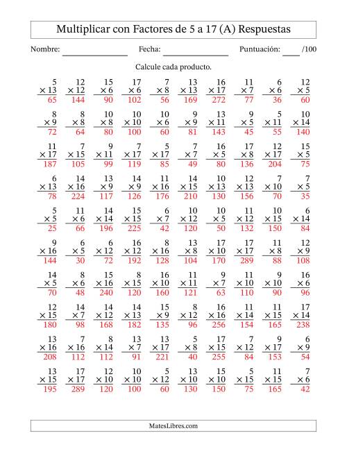 La hoja de ejercicios de Multiplicación con Factores de 5 a 17 (100 Preguntas) (A) Página 2