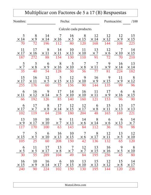 La hoja de ejercicios de Multiplicación con Factores de 5 a 17 (100 Preguntas) (B) Página 2