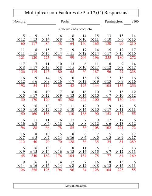 La hoja de ejercicios de Multiplicación con Factores de 5 a 17 (100 Preguntas) (C) Página 2