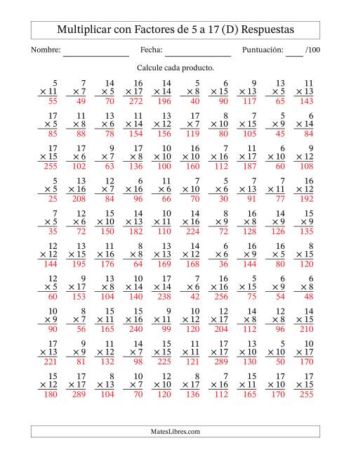 La hoja de ejercicios de Multiplicación con Factores de 5 a 17 (100 Preguntas) (D) Página 2